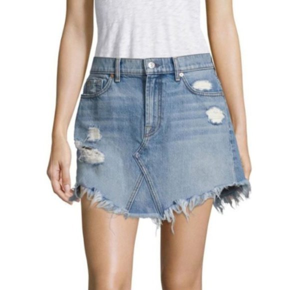 7 For All Mankind Wythe Blue Distressed Denim Mini Skirt Size 26 NWT - Picture 1 of 6